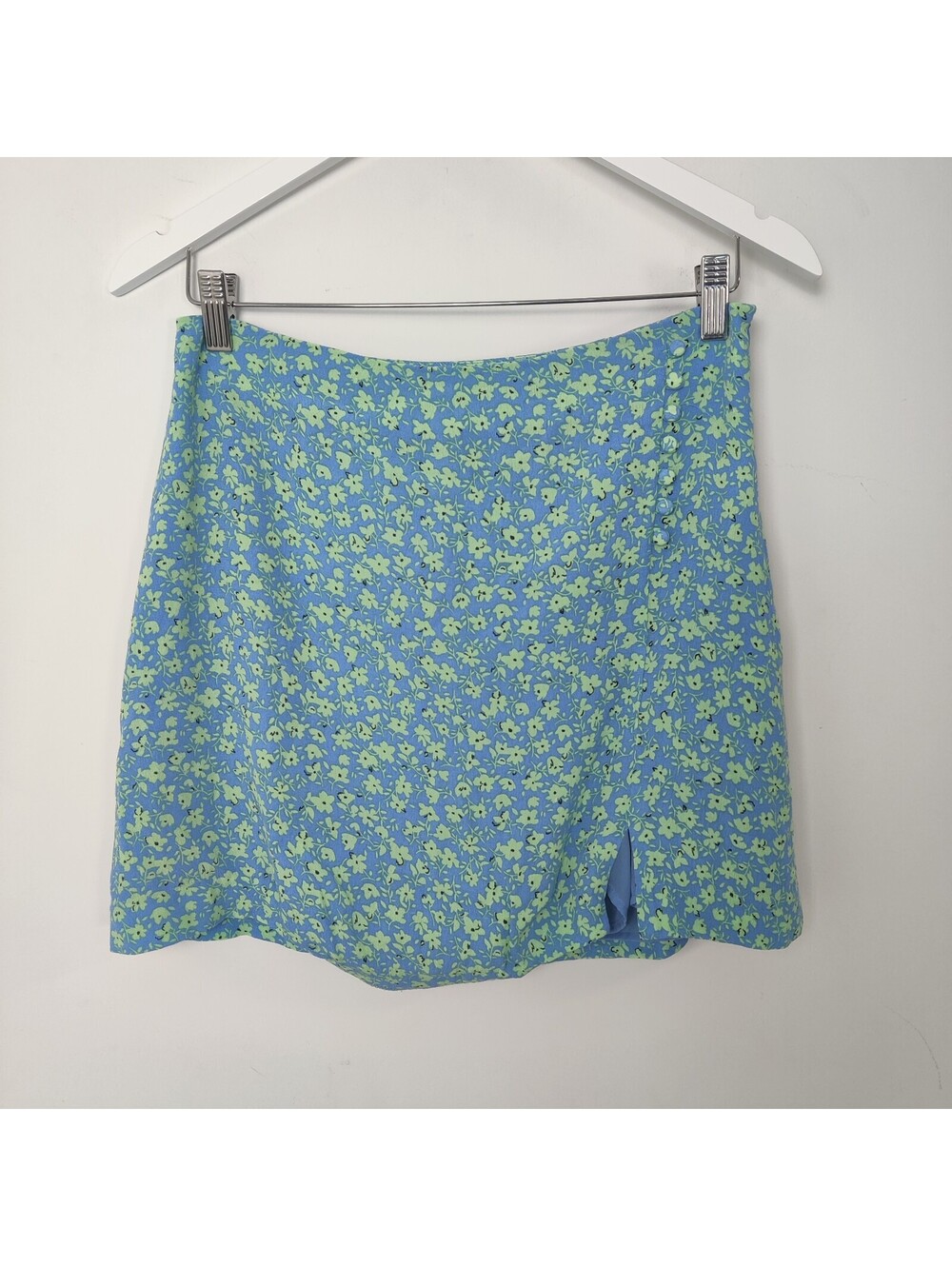 MNG Mango Blue Green Floral Ditsy Button Front Slit Mini Skirt Medium